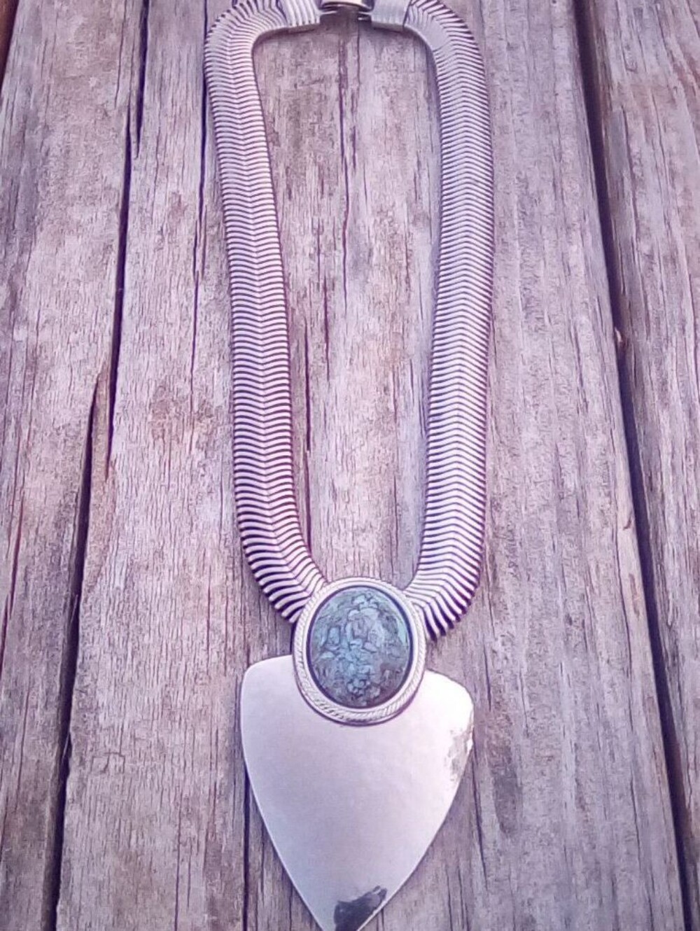 Vintage Silver Tone Omega Collar Necklace Turquoise Pendant